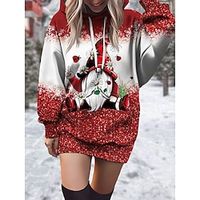Women's Casual Dress Hoodie Dress Mini Dress Fashion Daily Outdoor Christmas Going out V Neck Pocket Print Santa Claus Loose Fit Wine S M L XL XXL miniinthebox - thumbnail