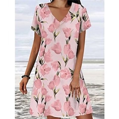 Women's Casual Dress Summer Dress Print Dress Graphic Floral Print V Neck Mini Dress Fashion Modern Daily Holiday Short Sleeve Loose Fit Pink Summer Spring S M L XL XXL Lightinthebox