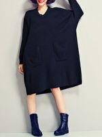 Loose Solid Pockets Long Sleeve Knitted Dress