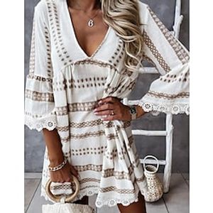 Women's Sheath Dress Short Mini Dress White 34 Length Sleeve Geometric Pure Color Lace Patchwork Spring Summer V Neck Stylish Modern 2022 S M L XL 2XL 3XL 4XL 5XL Lightinthebox