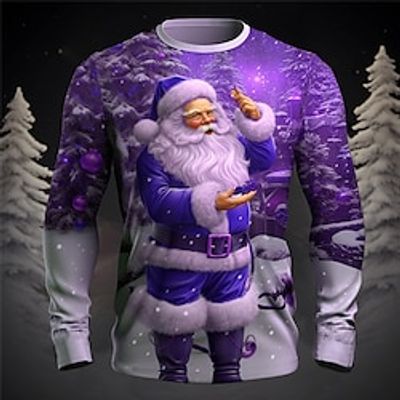 Graphic Santa Claus Merry Christmas Fashion Designer Casual Men's 3D Print T shirt Tee Sports Outdoor Holiday Going out Christmas T shirt Blue Purple Orange Long Sleeve Crew Neck Shirt Spring   Fall miniinthebox