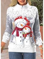 Women's Christmas Snowman Print Zipper Stand Collar Sweatshirt