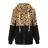Women's Zip Hoodie Sweatshirt Fleece Jacket Fleece Flannel Leopard Color Block Teddy Fuzzy Drawstring Zip Up Print Black White Wine Street Casual Hoodie Long Sleeve Top Micro-elastic Fall  Winter Lightinthebox - thumbnail