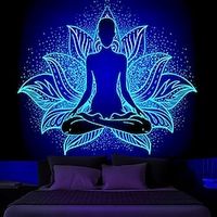 Bohemian Meditation Blacklight Tapestry UV Reactive Glow in the Dark Buddha Trippy Misty Chakra Hanging Tapestry Wall Art Mural for Living Room Bedroom Lightinthebox - thumbnail