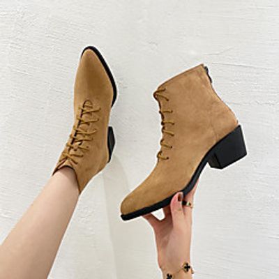Women's Boots Chunky Heel Pointed Toe Booties Ankle Boots Daily Work Suede Lace-up Light Brown Black miniinthebox