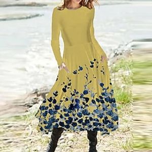 Women's A Line Dress Midi Dress Green White Blue Pink Yellow Long Sleeve Floral Pocket Print Fall Spring Round Neck Casual Vacation 2022 S M L XL XXL 3XL miniinthebox