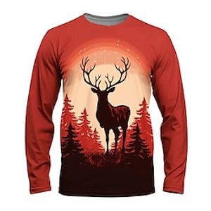Graphic Elk Fashion Designer Casual Men's 3D Print T shirt Tee Sports Outdoor Holiday Going out Christmas T shirt Burgundy Navy Blue Red  White Long Sleeve Crew Neck Shirt Spring   Fall Clothing Lightinthebox