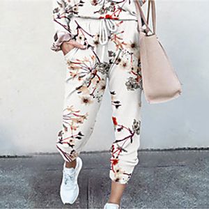 Women's Basic Soft Comfort Daily Home Jogger Pants Flower  Floral Abstract Full Length Elastic Drawstring Design Print White Blue Red Wine Lightinthebox