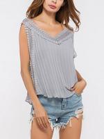 Casual Lace Patchwork Pleated Sleeveless V-neck Women Tank Tops