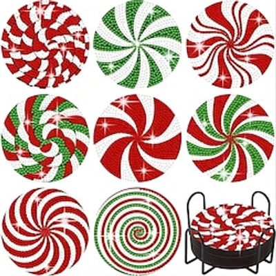 Set of 8 Pcs Christmas Diamond Coasters, DIY Christmas Candy Diamond Art Coasters Round with Cork Pads for Christmas Gift(Coasters and holder sold separately) Lightinthebox