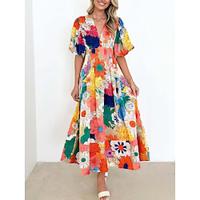 Women's Casual Dress Swing Dress Floral Leaf Print V Neck Long Dress Maxi Dress Streetwear A Line Street Holiday Short Sleeve Summer Lightinthebox