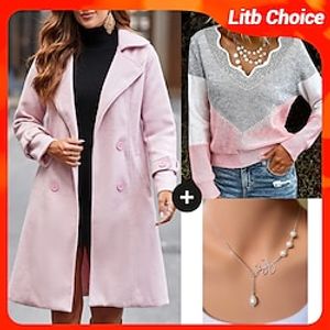 Women's Overcoat  Sweater  Necklace Set Double Breasted Laple Long Coat Pullover Sweater Jumper Set Warm Elegant Lady Outfit Lightinthebox