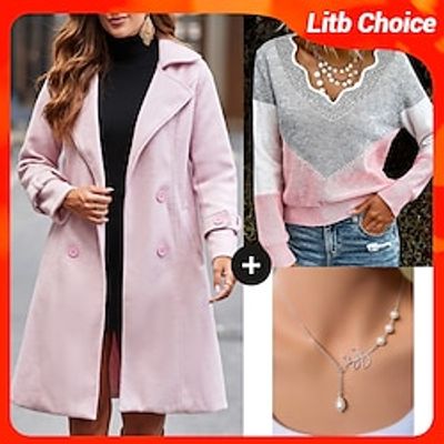 Women's Overcoat Sweater Necklace Set Double Breasted Laple Long Coat Pullover Sweater Jumper Set Warm Elegant Lady Outfit miniinthebox Women's Overcoat Sweater Necklace Set Double Breasted Laple Long Coat Pullover Sweater Jumper Set Warm Elegant Lady Outfit miniinthebox