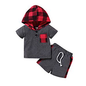 2 Pieces Baby Boys' Casual / Daily Sports Plaid Camouflage Print Short Sleeve Regular Clothing Set Gray Red Brown miniinthebox