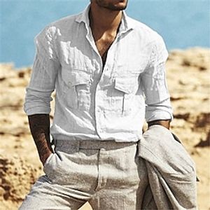 Men's Shirt Linen Shirt Cargo Shirt Solid Color Turndown White Black Outdoor Street Long Sleeve Button-Down Clothing Apparel Fashion Casual Breathable Comfortable  Summer  Summer Lightinthebox