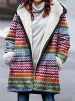 Women's Colorful Striped Printed Casual Fleece Thickened Hooded Coat