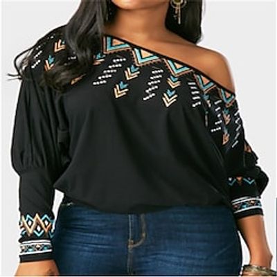 Women's Blouse Geometric Daily Weekend Blouse Shirt Long Sleeve Print One Shoulder Boho Black S Lightinthebox