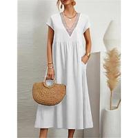 Women's White Dress Casual Dress Cotton Linen Dress Midi Dress Linen Cotton Blend Basic Modern Daily Weekend V Neck Patchwork Pocket Short Sleeve Summer Spring 2023 Loose Fit Black White Pink Plain S Lightinthebox