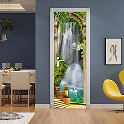 2 Pack Self-Adhesive Creative Landscape Waterfall Door Stickers Living Room Diy Decoration Home Waterproof Wall Stickers 30.3x78.7 (77x200cm) Set of 2 miniinthebox