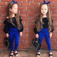 2 Pieces Kids Girls' T-shirt  Pants Clothing Set Outfit Solid Color Long Sleeve Off the Shoulder Cotton Set Outdoor Daily Casual Spring Summer 2-6 Years Black miniinthebox - thumbnail