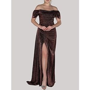 A-Line Evening Gown Elegant Dress Formal Sweep  Brush Train Short Sleeve Off Shoulder Lurex Fabric with Glitter Pleats Ruched 2023 Lightinthebox