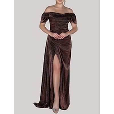A-Line Evening Gown Elegant Dress Formal Sweep  Brush Train Short Sleeve Off Shoulder Lurex Fabric with Glitter Pleats Ruched 2023 Lightinthebox