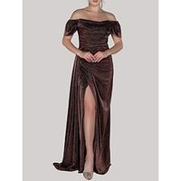 A-Line Evening Gown Elegant Dress Formal Sweep  Brush Train Short Sleeve Off Shoulder Lurex Fabric with Glitter Pleats Ruched 2023 Lightinthebox - thumbnail