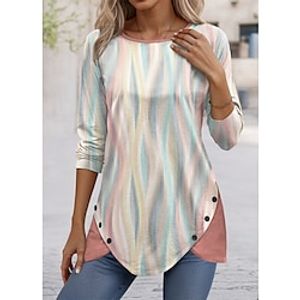 Women's T shirt Tee Graphic Yellow Pink Blue Print Button Long Sleeve Daily Weekend Fashion Round Neck Regular Fit Spring   Fall Lightinthebox