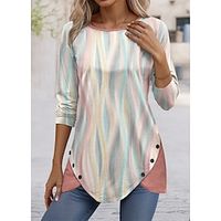 Women's T shirt Tee Graphic Yellow Pink Blue Print Button Long Sleeve Daily Weekend Fashion Round Neck Regular Fit Spring   Fall Lightinthebox - thumbnail