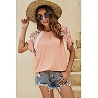 Women's Floral Holiday Weekend Floral Shirt Short Sleeve Lace Print Round Neck Casual Streetwear Tops White Black Pink S Lightinthebox - thumbnail