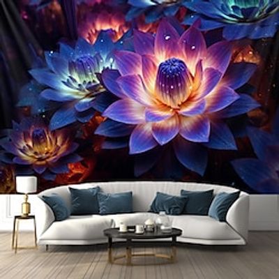 Blacklight Tapestry UV Reactive Glow in the Dark Lotus Flower Trippy Misty Nature Landscape Hanging Tapestry Wall Art Mural for Living Room Bedroom Lightinthebox