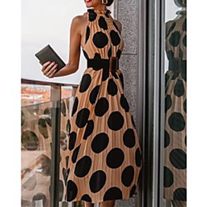 Women's A Line Dress Midi Dress Khaki Sleeveless Polka Dot Print Spring Summer Round Neck Elegant Casual Belt Not Included 2021 S M L XL miniinthebox