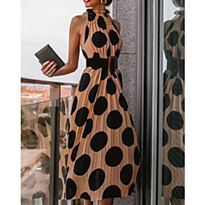 Women's A Line Dress Midi Dress Khaki Sleeveless Polka Dot Print Spring Summer Round Neck Elegant Casual Belt Not Included 2021 S M L XL miniinthebox