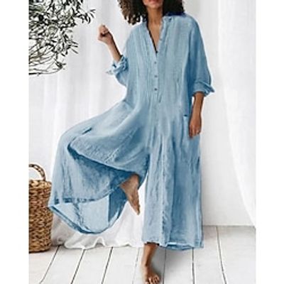 Women's Romper Button Pocket Solid Color Peter Pan Collar Casual Daily Wide Leg Loose Fit Long Sleeve Bishop Sleeve Pink Blue S M L Spring Lightinthebox