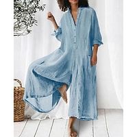 Women's Romper Button Pocket Solid Color Peter Pan Collar Casual Daily Wide Leg Loose Fit Long Sleeve Bishop Sleeve Pink Blue S M L Spring Lightinthebox - thumbnail