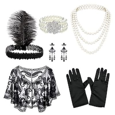 Vintage Roaring 20s 1920s Gloves Necklace Flapper Headband Accesories Set Shawls Necklace Earrings The Great Gatsby Women's Feather Cosplay Costume New Year Performance Shawl Lightinthebox