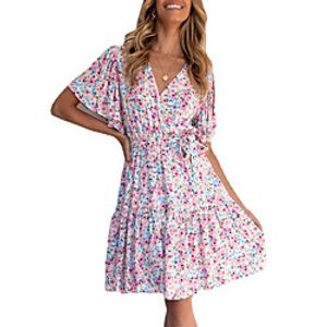 Women's A Line Dress Knee Length Dress Blushing Pink Short Sleeve Floral Print Spring Summer V Neck Casual Holiday 2021 S M L XL miniinthebox