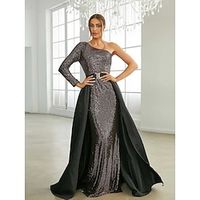 A-Line Evening Gown Elegant Dress Formal Sweep  Brush Train Long Sleeve One Shoulder Sequined with Glitter Pleats 2023 Lightinthebox - thumbnail