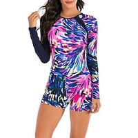 Women's One Piece Swimsuit Rash Guard Elastane Bodysuit Bathing Suit UV Sun Protection UPF50 Breathable Stretchy Long Sleeve Back Zip - Swimming Surfing Beach Water Sports Floral Autumn / Fall miniinthebox - thumbnail