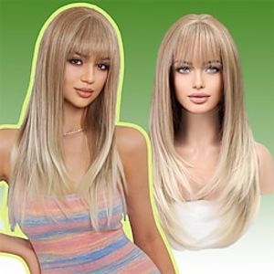 Blonde Wigs for Women Layered Straight Long Wig with Bangs Natural Synthetic Hair miniinthebox