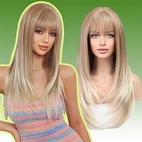 Blonde Wigs for Women Layered Straight Long Wig with Bangs Natural Synthetic Hair miniinthebox