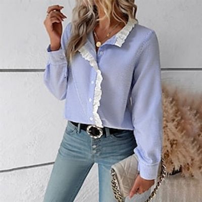 Women's Shirt Blouse Blue Striped Button Lace Trims Print Long Sleeve Work Daily V Neck Regular Fit Spring   Fall Lightinthebox