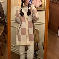 Women's Cardigan Sweater Jumper Waffle Knit Hollow Out Button Plaid V Neck Casual Daily Weekend Winter Fall Green Pink One-Size miniinthebox - thumbnail