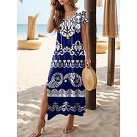 Women's Knit Dress Geometric Print V Neck Long Dress Maxi Dress Short Sleeve Summer Lightinthebox