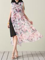 Vintage Floral Printed Sleeveless Fake Two Pieces Dresses