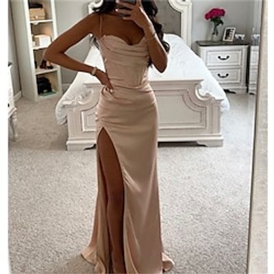 Mermaid  Trumpet Prom Dresses Corsets Dress Formal Evening Party Sweep  Brush Train Sleeveless Cowl Neck Satin with Ruched Slit 2023 Lightinthebox