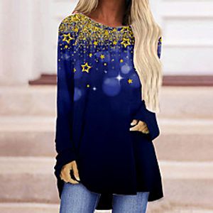 Women's Geometric Painting T shirt Color Gradient Geometric Long Sleeve Print Round Neck Basic Tops Royal Blue Lightinthebox