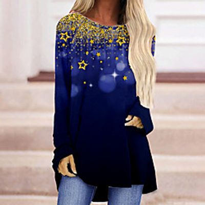 Women's Geometric Painting T shirt Color Gradient Geometric Long Sleeve Print Round Neck Basic Tops Royal Blue Lightinthebox