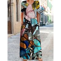 Women's Long Dress Maxi Dress Casual Dress Print Dress Butterfly Fashion Daily Vacation Weekend Ruched Pocket Short Sleeve Crew Neck Dress Regular Fit Green Summer Spring S M L XL XXL Lightinthebox - thumbnail