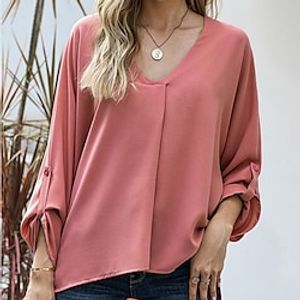 Women's Blouse Loose Solid  Plain Color Basic V Neck Roll Sleeves Summer Wine Red Black White Yellow Pink Lightinthebox